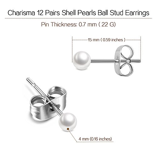Charisma 4mm Composite Pearl Earrings Round Ball Pearls Stud Earrings Hypoallergenic 12 Pairs Imitation Pearl Earrings Set for Girls Women