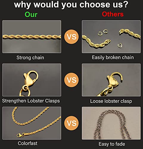 Giftall 3MM Rope Chain Necklace Stainless Steel Twist Rope Chain Necklace for Men Women 16 Inches 18K Real Gold Plated