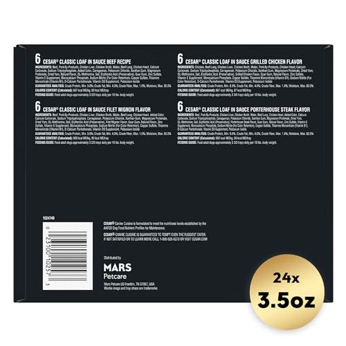 CESAR Wet Dog Food Classic Loaf in Sauce Beef Recipe, Filet Mignon, Grilled Chicken and Porterhouse Steak Variety Pack,. Easy Peel Trays. 3.5 Ounce (Pack of 24)