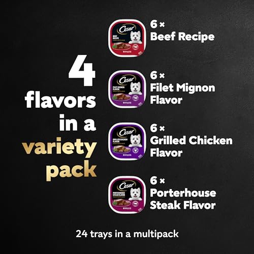 CESAR Wet Dog Food Classic Loaf in Sauce Beef Recipe, Filet Mignon, Grilled Chicken and Porterhouse Steak Variety Pack,. Easy Peel Trays. 3.5 Ounce (Pack of 24)