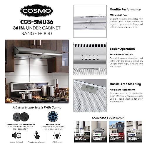 COSMO COS-5MU36 Under Cabinet Range Hood Ductless Convertible Duct, Slim Kitchen Stove Vent with, 3 Speed Exhaust Fan, Reusable Filter and LED Lights in Stainless Steel (36 inch)