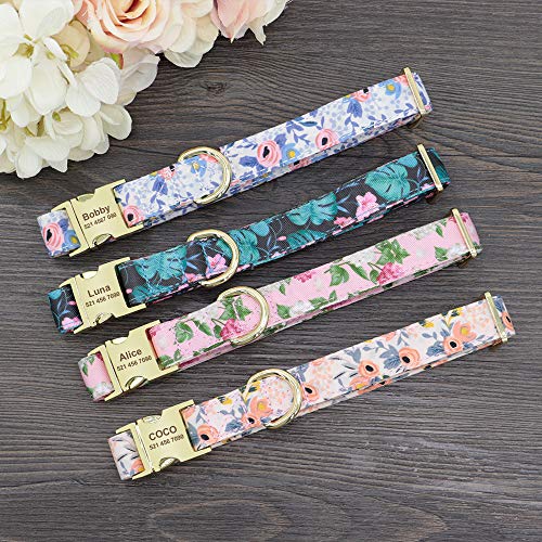 Beirui Custom Flower Girl Dog Collar for Female Dogs- Floral Pattern Engraved Pet Collars with Personalized Gold Buckle(Blue Pattern, S)