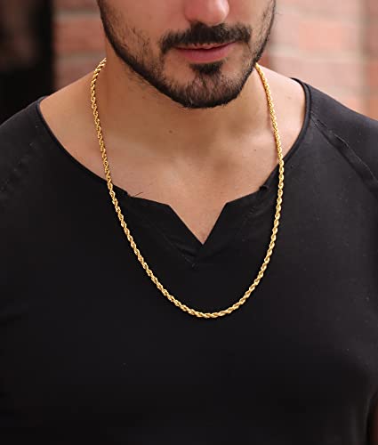 Giftall 3MM Rope Chain Necklace Stainless Steel Twist Rope Chain Necklace for Men Women 16 Inches 18K Real Gold Plated