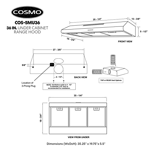 COSMO COS-5MU36 Under Cabinet Range Hood Ductless Convertible Duct, Slim Kitchen Stove Vent with, 3 Speed Exhaust Fan, Reusable Filter and LED Lights in Stainless Steel (36 inch)