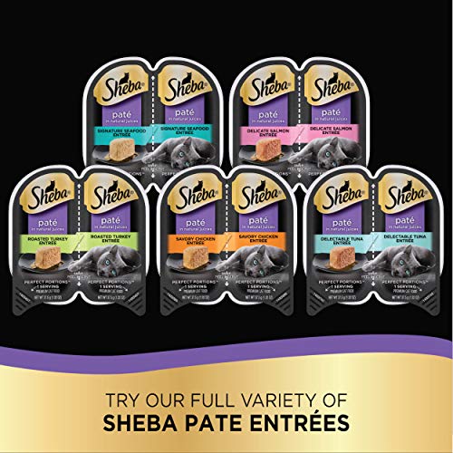 SHEBA Wet Cat Food Pate Variety Pack, Signature Seafood, Delicate Salmon and Tender Whitefish & Tuna Entrees,. PERFECT PORTIONS Twin-Pack Trays,48 serving, 2.6 Oz (Pack of 24)