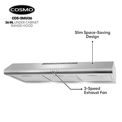 COSMO COS-5MU36 Under Cabinet Range Hood Ductless Convertible Duct, Slim Kitchen Stove Vent with, 3 Speed Exhaust Fan, Reusable Filter and LED Lights in Stainless Steel (36 inch)