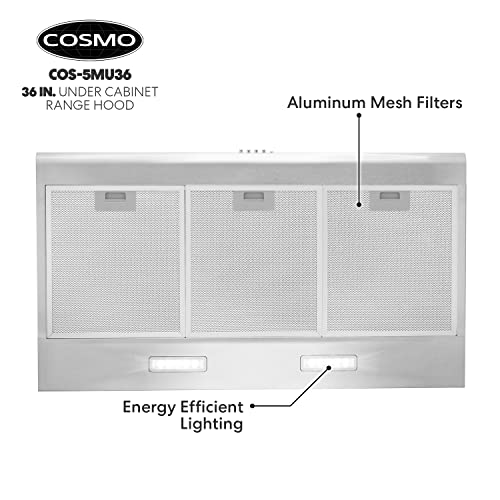 COSMO COS-5MU36 Under Cabinet Range Hood Ductless Convertible Duct, Slim Kitchen Stove Vent with, 3 Speed Exhaust Fan, Reusable Filter and LED Lights in Stainless Steel (36 inch)