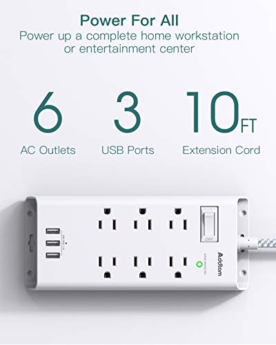 Power Strip Surge Protector - Addtam 10Ft Long Extension Cord with 6 Outlets and 3 USB Ports, Flat Plug Overload Surge Protection Outlet Strip, Wall Mount for Home, Office and More