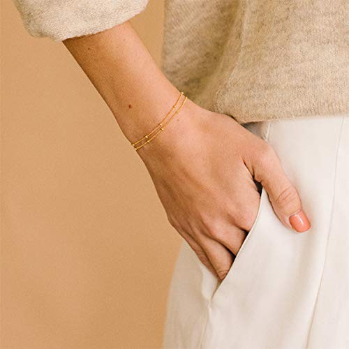 Gold Layered Dainty Bead Chain Bracelet for Women,14K Gold Plated Cute Tiny Double chain Layered Satellite Chain Bracelet for Women