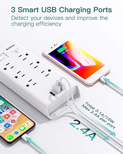 Power Strip Surge Protector - Addtam 10Ft Long Extension Cord with 6 Outlets and 3 USB Ports, Flat Plug Overload Surge Protection Outlet Strip, Wall Mount for Home, Office and More