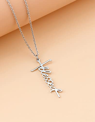 Lcherry Blessed Cross Pendant Necklace Stainless Steel Cross Necklace Religious Jewelry for Women