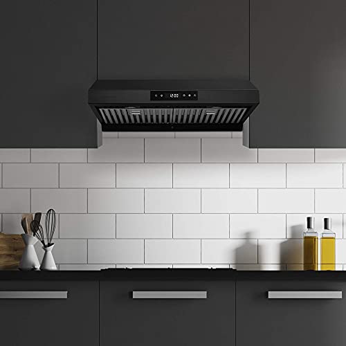 Hauslane | Chef Series 30" PS18 Under Cabinet Range Hood, Matte Black | Pro Performance | Contemporary Design, Touch Screen, Dishwasher Safe Baffle Filters, LED Lamps, 3-Way Venting