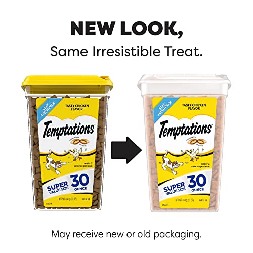 TEMPTATIONS Classic Crunchy and Soft Cat Treats Tasty Chicken Flavor, 30 oz. Tub (Packaging May Vary)