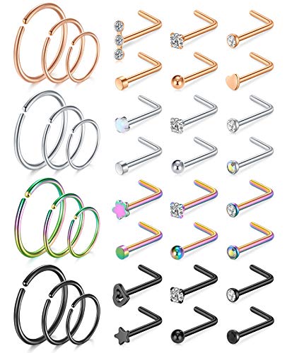 MODRSA 20g Nose Rings Studs L Shape Nose Screw Stainless Steel Nose Rings Hoop Diamond Heart Hypoallergenic Nostril Nose Piercing Jewelry for Women Men Silver Rose Gold Black Rainbow