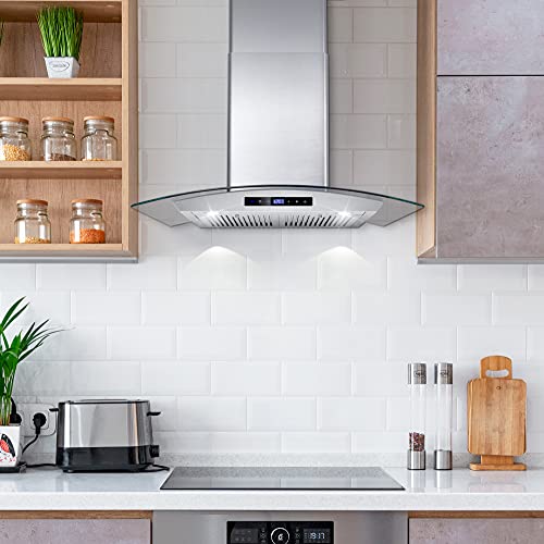 Cosmo 668WRCS75 Wall Mount Range Hood with Ducted Exhaust Vent, 3 Speed Fan, Soft Touch Controls, Tempered Glass, Permanent Filters in Stainless Steel, 30 inches