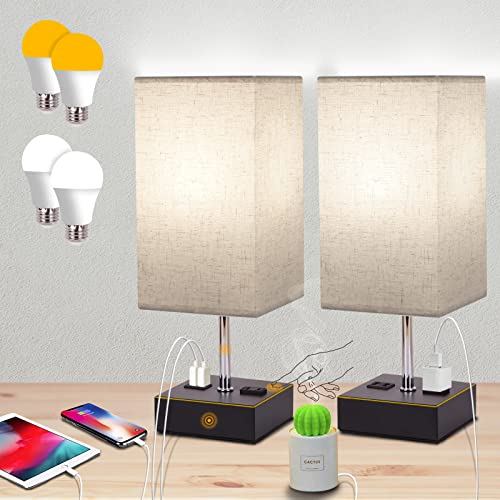 Set of 2 Bedside Lamp, Touch Control USB Table Lamp with 4 Bulbs,3 Way Dimmable Nightstand Lamp with 2 USB Ports & AC Outlet, Desk Lamps for Bedrooms Living Room, Small Table Lamp, Beige Fabric Shade