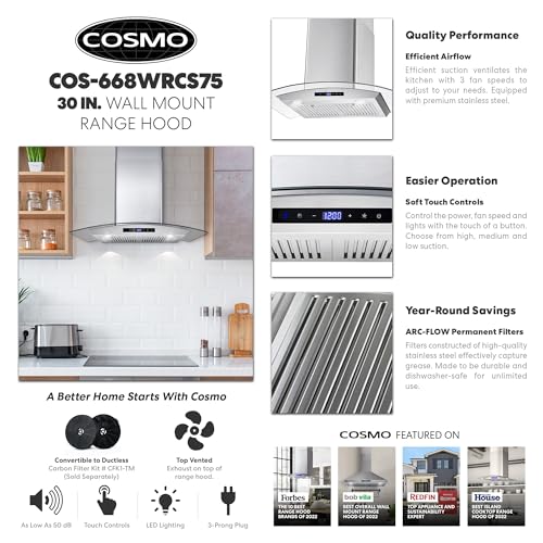 Cosmo 668WRCS75 Wall Mount Range Hood with Ducted Exhaust Vent, 3 Speed Fan, Soft Touch Controls, Tempered Glass, Permanent Filters in Stainless Steel, 30 inches