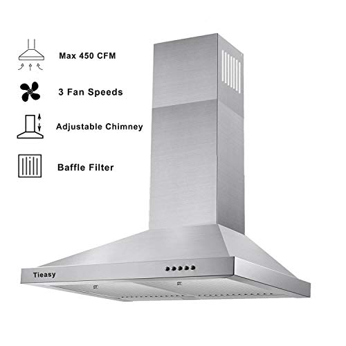 Range Hood, Range Hoods 30 inch Stainless Steel, 450 CFM Kitchen Hood with LED Light Baffle Filters, 3 Speed Exhaust Fan, Tieasy