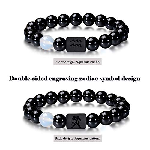 VLINRAS Zodiac Aquarius Bracelet for Men Women Aquarius Gifts Natural Black Onyx Stone Zodiac Charm Bracelet Constellation Horoscope Jewelry