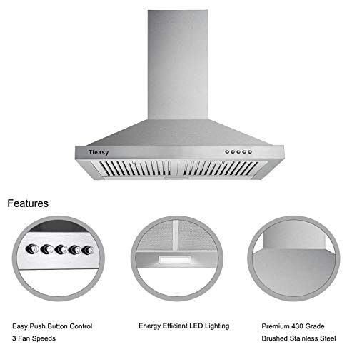 Range Hood, Range Hoods 30 inch Stainless Steel, 450 CFM Kitchen Hood with LED Light Baffle Filters, 3 Speed Exhaust Fan, Tieasy