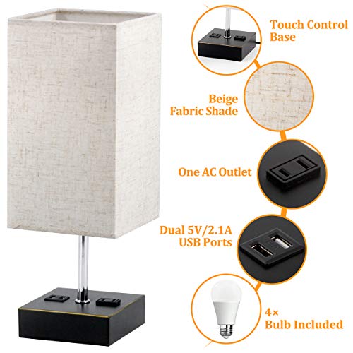 Set of 2 Bedside Lamp, Touch Control USB Table Lamp with 4 Bulbs,3 Way Dimmable Nightstand Lamp with 2 USB Ports & AC Outlet, Desk Lamps for Bedrooms Living Room, Small Table Lamp, Beige Fabric Shade