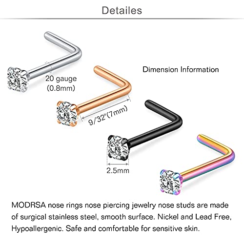 MODRSA 20g Nose Rings Studs L Shape Nose Screw Stainless Steel Nose Rings Hoop Diamond Heart Hypoallergenic Nostril Nose Piercing Jewelry for Women Men Silver Rose Gold Black Rainbow