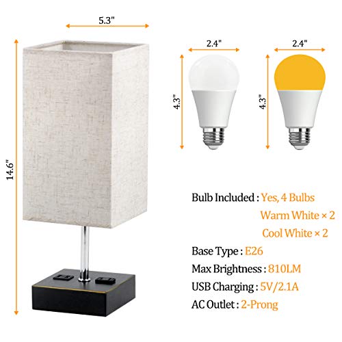 Set of 2 Bedside Lamp, Touch Control USB Table Lamp with 4 Bulbs,3 Way Dimmable Nightstand Lamp with 2 USB Ports & AC Outlet, Desk Lamps for Bedrooms Living Room, Small Table Lamp, Beige Fabric Shade