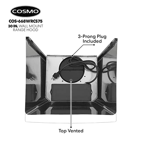 Cosmo 668WRCS75 Wall Mount Range Hood with Ducted Exhaust Vent, 3 Speed Fan, Soft Touch Controls, Tempered Glass, Permanent Filters in Stainless Steel, 30 inches