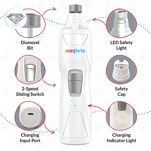 REXIPETS Dog Nail Grinder Clipper - Professional LED Rechargeable Electric Pet Nail Trimmer - Painless Paws Grooming & Smoothing - Quiet 2-Speed Motor - 3 Size Ports For Small Medium Large Dogs & Cats
