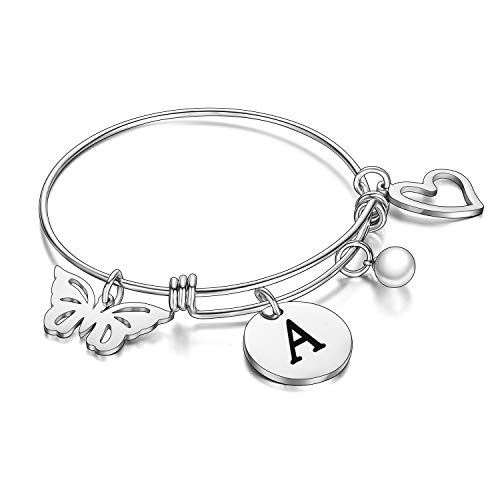 malyunin Initial Bracelet Charm Bracelets Heart Butterfly 26 Letters Alphabet Bracelet for Women Girls Letter Bracelet Personalized Jewelry (A)