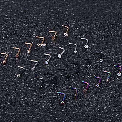 MODRSA 20g Nose Rings Studs L Shape Nose Screw Stainless Steel Nose Rings Hoop Diamond Heart Hypoallergenic Nostril Nose Piercing Jewelry for Women Men Silver Rose Gold Black Rainbow