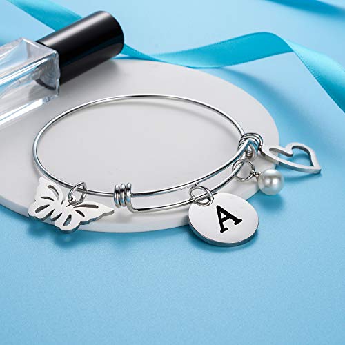 malyunin Initial Bracelet Charm Bracelets Heart Butterfly 26 Letters Alphabet Bracelet for Women Girls Letter Bracelet Personalized Jewelry (A)