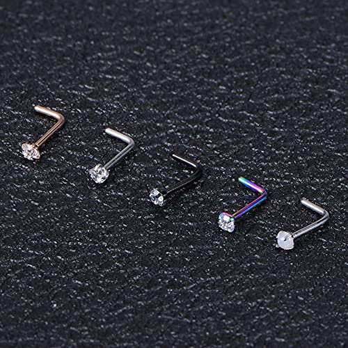 MODRSA 20g Nose Rings Studs L Shape Nose Screw Stainless Steel Nose Rings Hoop Diamond Heart Hypoallergenic Nostril Nose Piercing Jewelry for Women Men Silver Rose Gold Black Rainbow