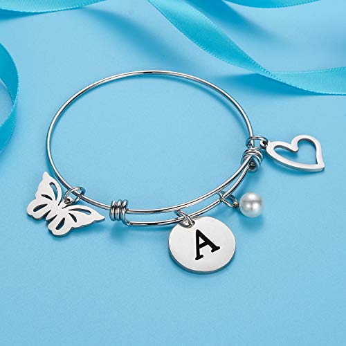 malyunin Initial Bracelet Charm Bracelets Heart Butterfly 26 Letters Alphabet Bracelet for Women Girls Letter Bracelet Personalized Jewelry (A)