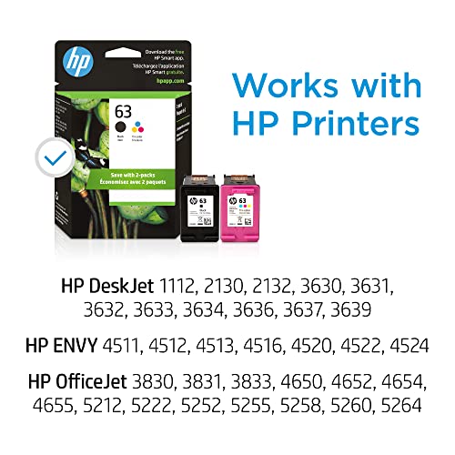 HP 63 | 2 Ink Cartridges | Black, Tri-color | F6U61AN, F6U62AN