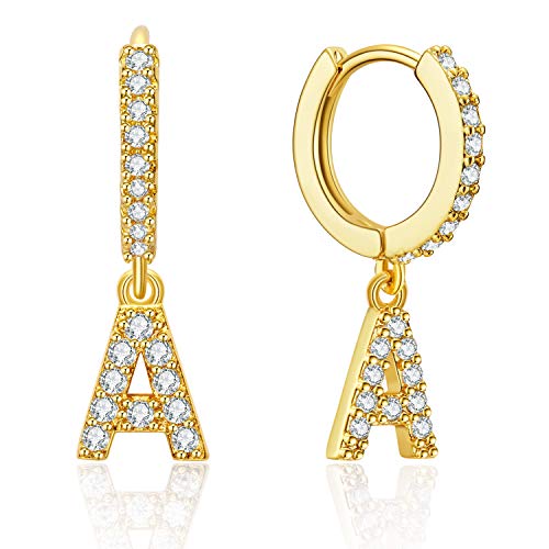 Ldurian Initial Dangle Hoops, Glitter Huggie Earrings, Tiny Charm Earrings, For Pierced Ears, 14K Gold Plated, Minimal Jewelry Women Men (with Letter A Charm)