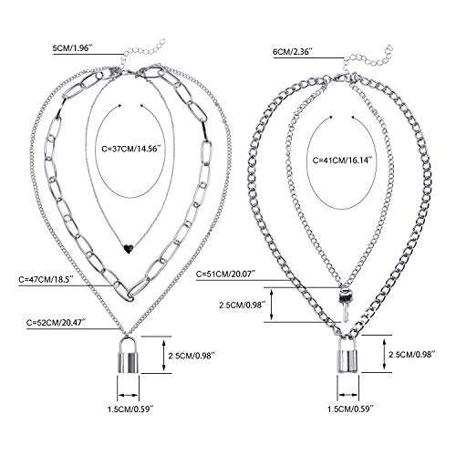 Lock Chain Necklace, Egirl Chains, Statement Lock Key Pendant Necklace Silver Set Eboy Long Multilayer Chains Punk Choker 2 Set(5 layer)