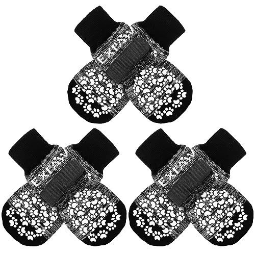 EXPAWLORER Double Side Anti-Slip Dog Socks with Adjustable Starps - 3 Paris Strong Traction Control for Indoor on Hardwood Floor Wear, Best Puppy Pet Paw Protection, Grey Small