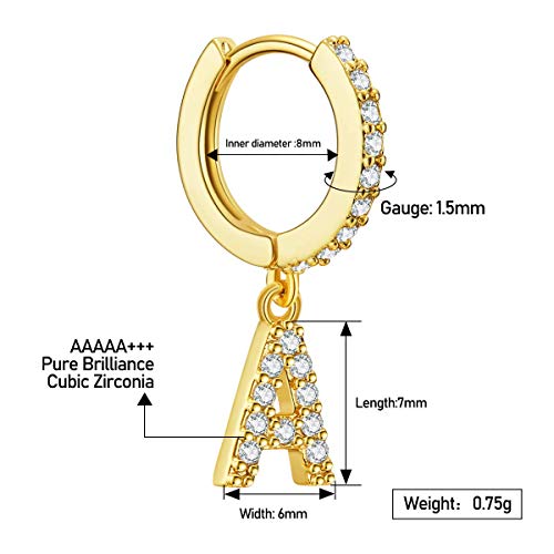 Ldurian Initial Dangle Hoops, Glitter Huggie Earrings, Tiny Charm Earrings, For Pierced Ears, 14K Gold Plated, Minimal Jewelry Women Men (with Letter A Charm)
