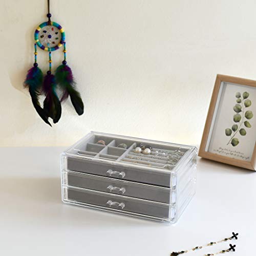 HerFav Acrylic Jewelry Box for Women with 3 Drawers for Rings Earrings and Necklace, Compact Jewelry Case, Transparent Gray