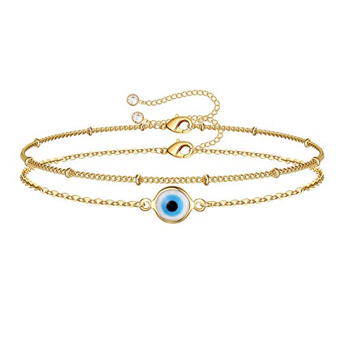 Dainty Layered Evil Eye Bracelets for Women, 14K Gold Filled Adjustable Layering Bead Chain Bracelet Handmade Gold Layered Round Evil Eye Bracelets for Women Jewelry(Round Evil Eye & Bead Chain)
