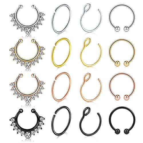 vcmart Fake Nose Rings Hoop 12-16pcs Stainless Steel Faux Fake Lip Ear Nose Septum Ring Non-Pierced Clip On Nose Hoop Rings