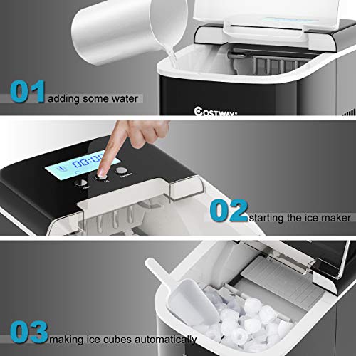 COSTWAY Countertop Ice Maker, 26LBS/24H with Self-clean Function, LCD Display, 9 Bullet Ice / 7 Mins, Portable and Compact Ice Machine with Ice Scoop, for Homes, Offices, Restaurants, Bars, Black