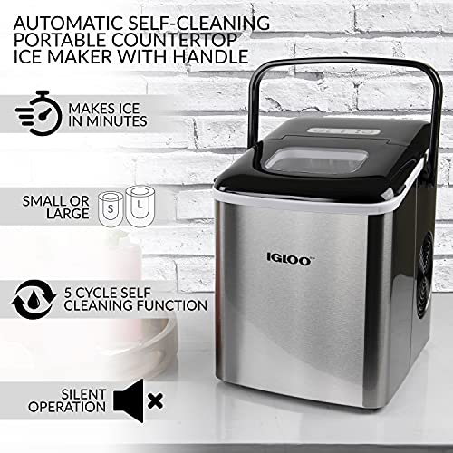 Igloo Automatic Self-Cleaning Portable Electric Countertop Ice Maker Machine With Handle, 26 Pounds in 24 Hours, 9 Ice Cubes Ready in 7 minutes, With Ice Scoop and Basket, Stainless Steel