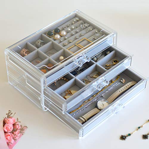 HerFav Acrylic Jewelry Box for Women with 3 Drawers for Rings Earrings and Necklace, Compact Jewelry Case, Transparent Gray