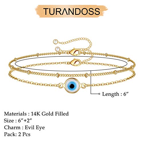 Dainty Layered Evil Eye Bracelets for Women, 14K Gold Filled Adjustable Layering Bead Chain Bracelet Handmade Gold Layered Round Evil Eye Bracelets for Women Jewelry(Round Evil Eye & Bead Chain)