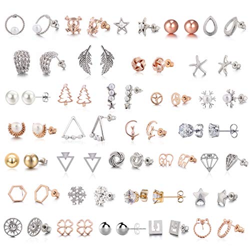 32 Pair Stainless Steel White Rose Gold Plated Cute Animal Cat Elephant Star Geometric CZ Faux Pearl Snowflakes Twise Geometric Peace Sign Symbol Small Statement Stud Earring Set for Girls Women