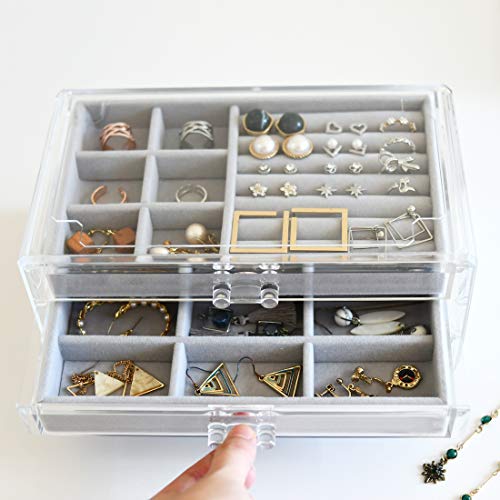 HerFav Acrylic Jewelry Box for Women with 3 Drawers for Rings Earrings and Necklace, Compact Jewelry Case, Transparent Gray