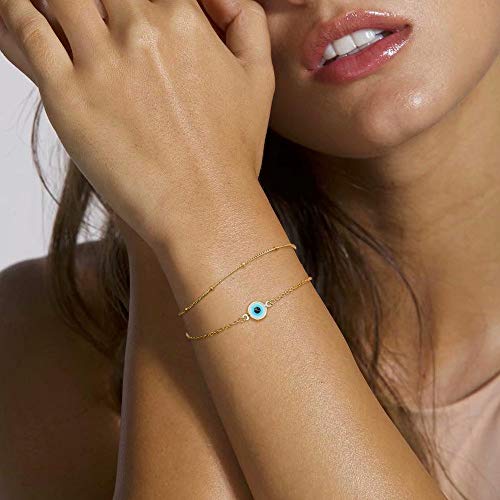 Dainty Layered Evil Eye Bracelets for Women, 14K Gold Filled Adjustable Layering Bead Chain Bracelet Handmade Gold Layered Round Evil Eye Bracelets for Women Jewelry(Round Evil Eye & Bead Chain)