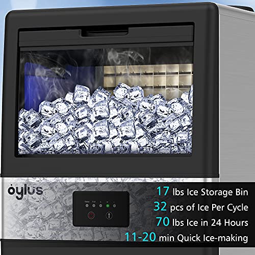 OYLUS Commercial Ice Maker Machine, 70lbs/24H Stainless Steel Freestanding Ice Machine With 17LBS Ice Storage Capacity, 32 Ice Cubes Within One Cycle Of 11-20 Mins For Home Party, Bar, Cafe and Office